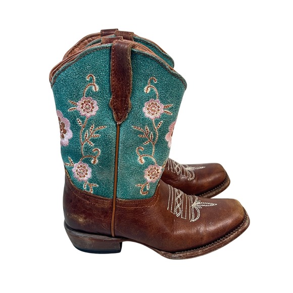 Tanner Mark Kids Brown Leather Western Cowboy Boots Floral Embroidered Size 11 - Picture 1 of 8